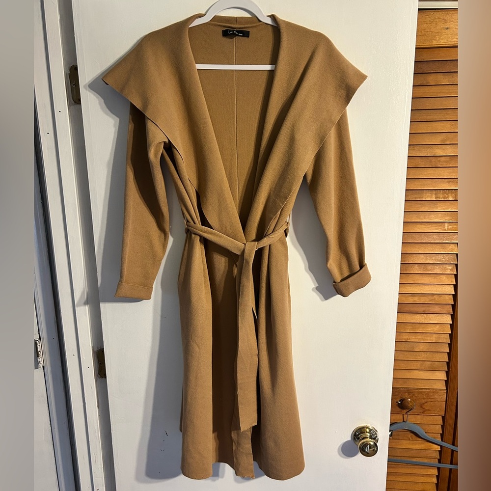 Love Tree Draped Belted Knit Long Trench Jacket Womens Size M Camel Brown